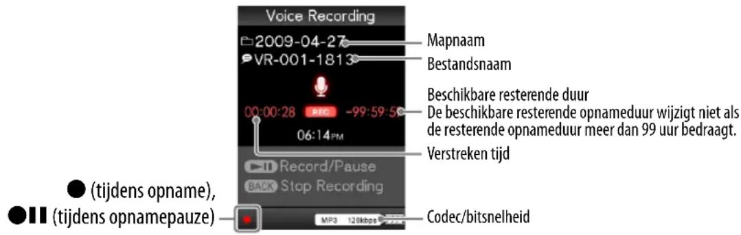 Voice Recording 2009-04-27 VR-001-1813 Mapnaam Bestandsnaam Beschikbare resterende duur De beschikbare resterende opnameduur wijzigt niet als de resterende opnameduur meer dan 99 uur bedraagt. Verstreken tijd Record/Pause BACK Stop Recording Tijdens opname), Tijdens opnamepauze) Codec/bitsnelheid