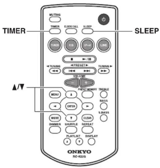 TIMER SLEEP ▲/▼ ONKYO RC-823S MUTING TIMER CLOCK CALL SLEEP TUNER CD IP+ LINE TUNING PRESET TUNING VOLUME MENO PREST MEMORY TREBLE ENTER BASS MODE CLEAR DIMMER SHUFFLE REPEAT PLAYLIST DISPLAY + T