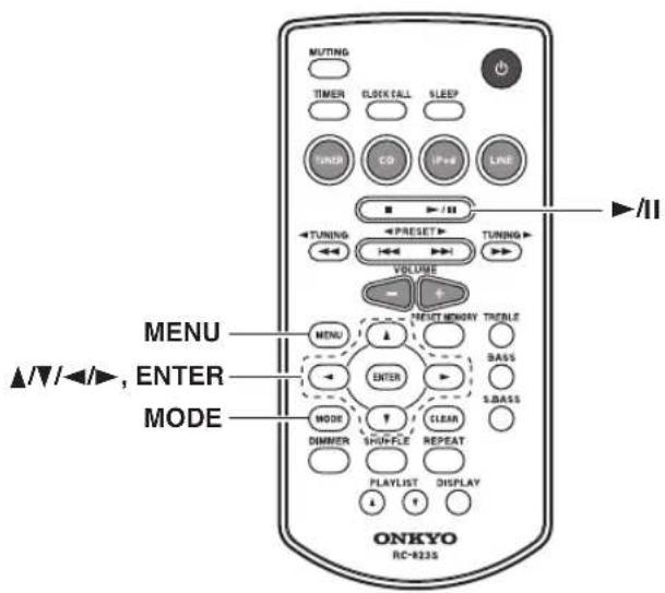 MUTING TIMER CLOCK CALL SLEEP LINE CO IP+4 LINE TUNING PRESET TUNING VOLUME MENU SELECT MEMORY TRIBBLE ENTER BASS MODE CLEAR DIMMER SHUFFLE REPEAT PLAYLIST DISPLAY ONKYO RC-923S ▲/▼/◄/►, ENTER MODE