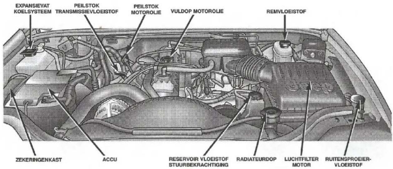 EXPANSIEVAT KOELSYSTEEM PEILSTOK TRANSMISSIEVLOEISTOF PEILSTOK MOTOROLIE VULDOP MOTOROLIE REMVLOEISTOF ZEKERINGENKAST ACCU RESERVOIR VLOEISTOF STUURBEKRACHTIGING RADIATEURDOP LUCHTFILTER MOTOR RUITENSPROEIER- VLOEISTOF