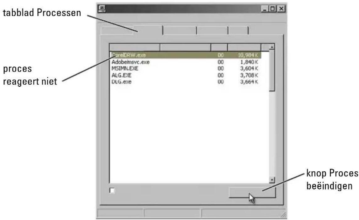 tabblad Processen proces reageert niet CorelDRW.exe 00 10,984 K Adobemsvc.exe 00 1,840 K MSIMN.EXE 00 3,604 K ALG.EXE 00 3,708 K DLG.exe 00 3,664 K knop Proces beëindigen