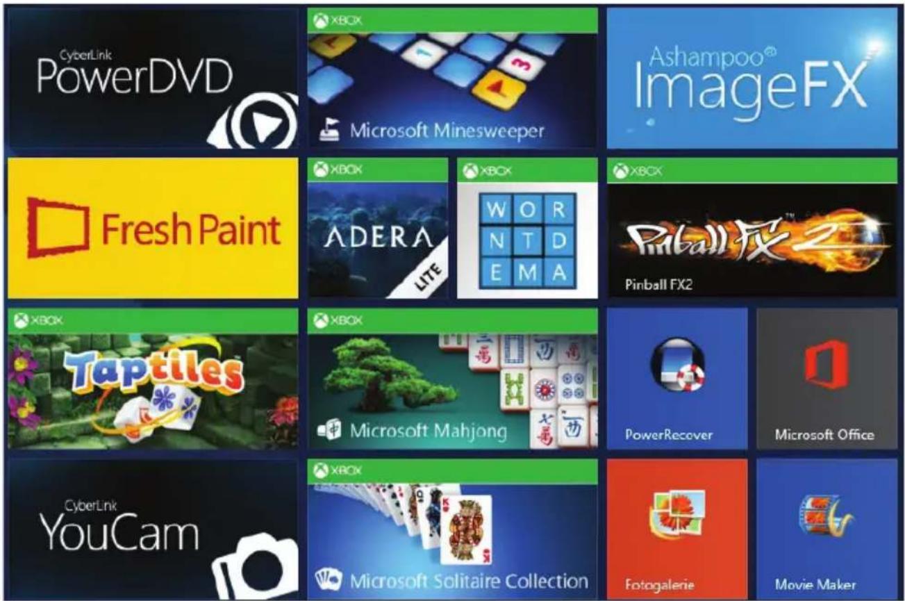 CyberLink PowerDVD XBOX Microsoft Minesweeper Ashampoo® ImageFX Fresh Paint XBOX ADERA XBOX W O R N T D E M A XBOX Pinball FX2 Taptiles Microsoft Mahjong PowerRecover Microsoft Office CyberLink YouCam XBOX Microsoft Solitaire Collection Fotogalerie Movie Maker