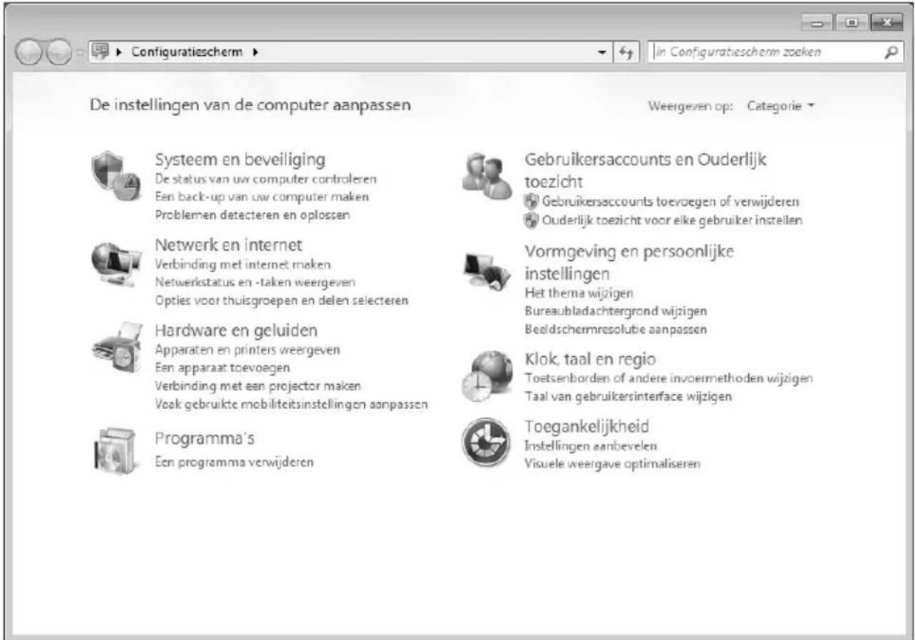 De instellingen van de computer aanpassen Weergeven op: Categorie Systeem en beveiliging De status van uw computer controleren Een back-up van uw computer maken Problemen detecteren en oplossen Gebruikersaccounts en Ouderlijk toezicht Gebruikersaccounts toevoegen of verwijderen Ouderlijk toezicht voor elke gebruiker instellen Netwerk en internet Verbinding met internet maken Netwerkstatus en -taken weergeven Opties voor thuisgroepen en delen selecteren Vormgeving en persoonlijke instellingen Het thema wijzigen Bureaubladachtergrond wijzigen Beeldschemresolube aanpassen Hardware en geluiden Apparaten en printers weergeven Een apparaat toevoegen Verbinding met een projector maken Voak gebruikte mobiliteitsinstellingen aanpassen Klok, taal en regio Toetsenborden of andere invoermethoden wijzigen Taal van gebruikersinterface wijzigen Programma's Een programma verwijderen Toegankelijkheid Instellingen aanbevelen Visuele weergave optimaliseren