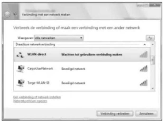 Verbreek de verbinding of maak een verbinding met een ander netwerk Waarpen: Alia netwerken Draadlose netwerkverbinding WLAN-direct Wachten tot gebruikers verbinding makes CargoUberNetwork Beveligd netwerk Targa-WLAN-SE Beveligd netwerk Een verbinding of netwerk instellen Netwerkcentrum spieren Verbinding verbeken Annulieren