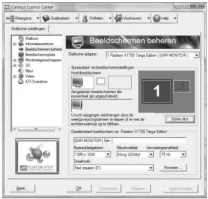 Catalyst Control Center Weergave Sneltoatsen Profission Voorkauren Help Grafische instellingen Walkers Informatwcentrum Beeldschemmen behes Beeldschemopties Montroneigerschappen 3D Kleur Video AT1 Overdrive Beeldschermen beheren Grafische adapter: 1. Radeon X1700 Targa Edition [ GNR MONITOR ] Bureaublast- en beeldscherminstellingen Hoofdbeldachem Aangeslisten beeldschermen de nonverbed zijn uitgeschakeld. Ukurt wijsingen aanbrengen door de weergavepictogrammen te-slepen of er met de rechtemusdnoop op te kiliken. Schern dict Geselecteerd beeldschern op: Radeon X1700 Targa Edition GNR MONITOR [ 6ien ] Bureubledgebied: 1280 x 1024 Kneukonaliet: Hooq (32-bits) Verweringsanheid: 75 Hz Oraahoeck: Net drassen (0°) Forceren ... Base... OK Downcom Nextgen Espanstaden