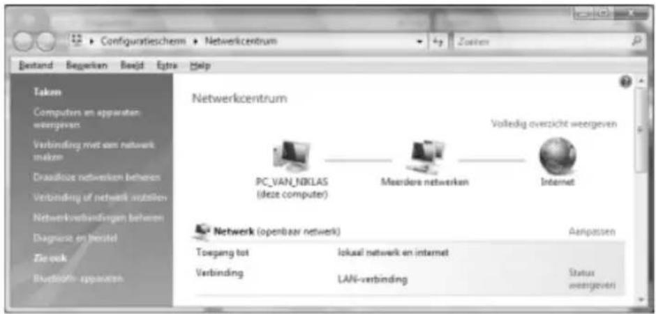Configuratieschem Netwerkcentrum Bestand Beggerkan Baojd Estra Help Taken Computers en apparaten weergeven Verbinding rwt van network make Draafloize netwerken beheren Verbinding of network installen Netwerkverbindungen beharen Diagnose en listel Zie ook Bluetooth apparaten Netwerkcentrum Volledig overzicht weergeven PC.VAN_NKLAS (deze computer) Maardere netwerken Internet Netwerk (openbaar netwerk) Toegeng tot Verbinding Iokual netwerk en internet LAN-verbinding Aanpassen Status weergeven