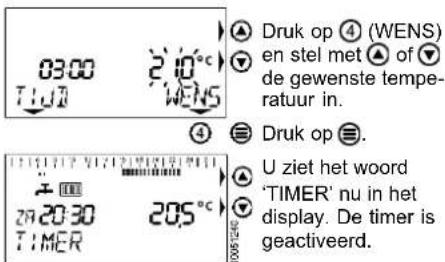 03:00 T1U7 2.10°C WENS Druk op 4 (WENS) en stel met of de gewenste temperatuur in. Druk op 5. U ziet het woord 'TIMER' nu in het display. De timer is geactiveerd.