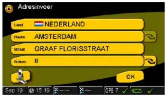 Adresinvoer Land NEDERLAND Plaatst AMSTERDAM Straat GRAAF FLORISSTRAAT Ruisnr 8 OK Sep 19 15:19 GPS 7 ✓ ✓