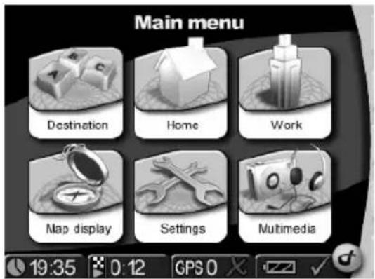 Main menu Destination Home Work Map display Settings Multimedia 19:35 0:12 GPS 0