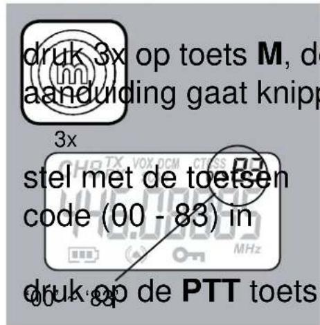 druk 3x op toets M, de aandunding gaat knipp 3x stel met de toetsen code (00 - 83) in druk op de PTT toets
