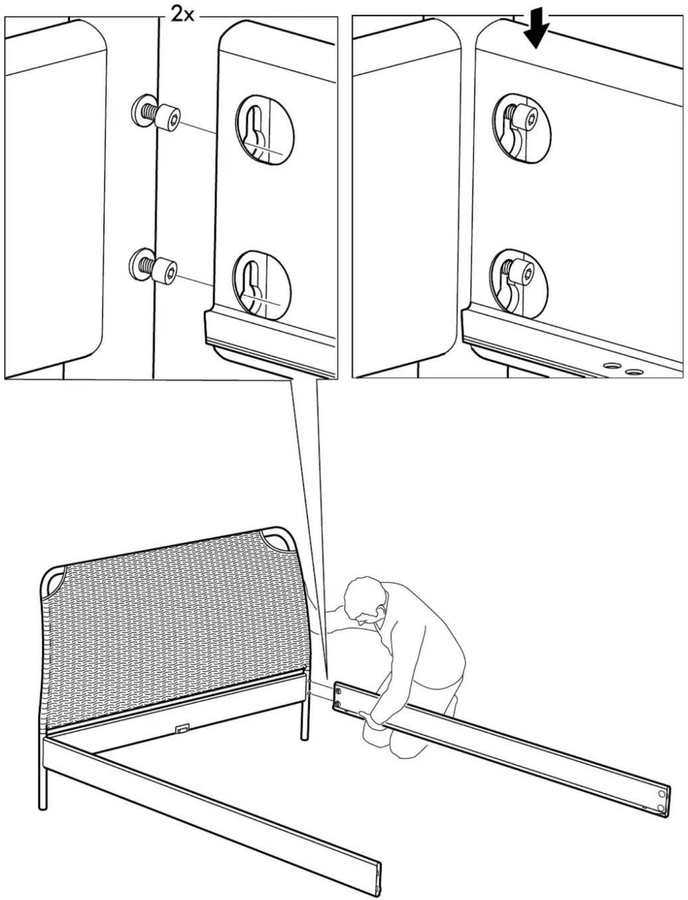 Technical diagram illustrating a furniture installation procedure with labeled components and a worker installing a back panel.