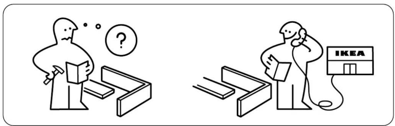 Illustration comparing two scenes: one showing a person with a thought bubble and question mark, the other showing a person with a IKEA store and phone.