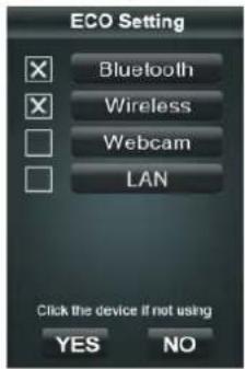 ECO Setting Bluetooth Wireless Webcam LAN Click the device if not using YES NO