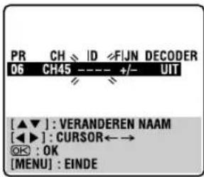 PR CH ID FIJN DECODER 06 CH45 ---- +/- UIT [▲▼] : VERANDEREN NAAM [◀▶] : CURSOR←→ OK : OK [MENU] : EINDE