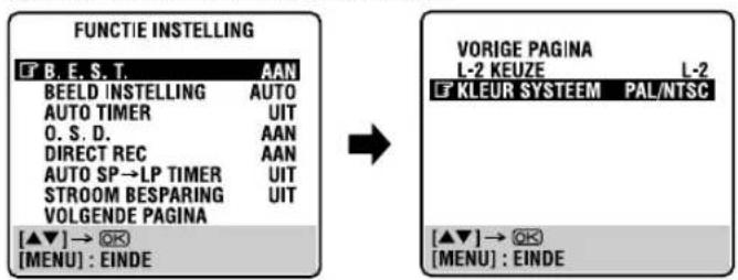 FUNCTIE INSTELLING B. E. S. T. BEELD INSTELLING AUTO AUTO TIMER UIT O. S. D. DIRECT REC AAN AUTO SP→LP TIMER UIT STROOM BESPARING UIT VOLGENDE PAGINA [▲▼] → OK [MENU] : EINDE VORIGE PAGINA L-2 KEUZE L-2 F KLEUR SYSTEEM PAL/NTSC [▲▼] → OK [MENU] : EINDE