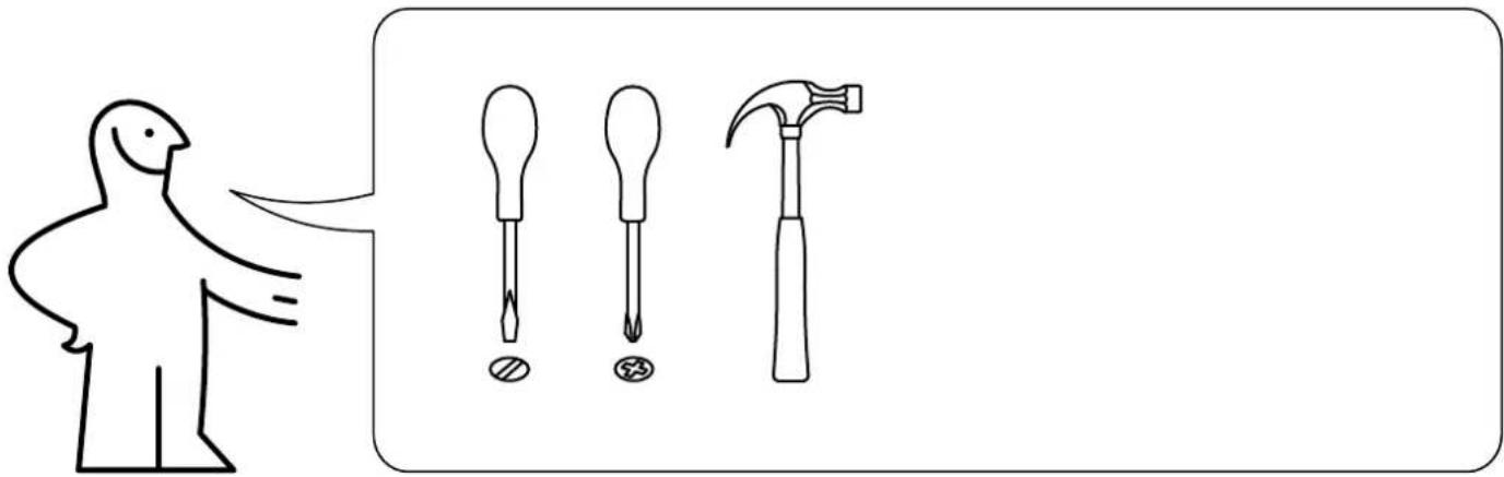 Illustration showing a person using a hammer to cut three screwdriver tools, with one tool partially visible.