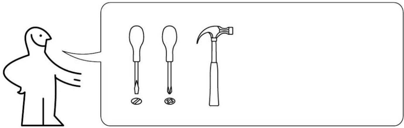 Illustration showing a bird pointing to three different types of screwdriver tools: a pin, a screwdriver with holes, and a hammer.