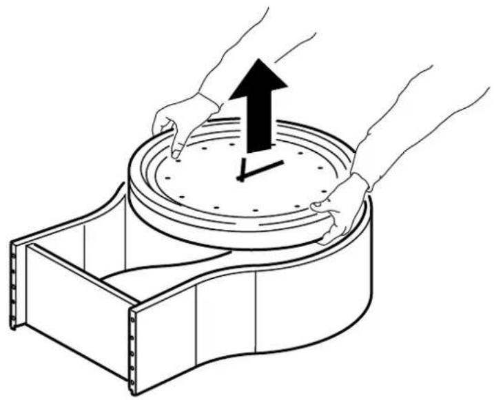Line drawing of hands placing a clock into a circular container with an upward arrow (no text or symbols)