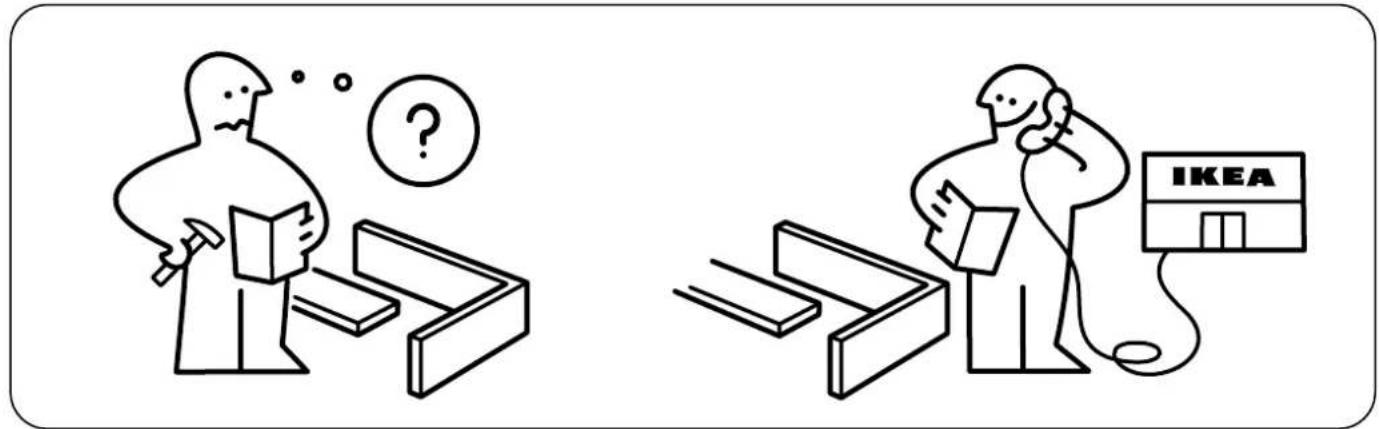Two cartoon illustrations depicting a person examining documents and a IKEA store, with a question mark indicating confusion.