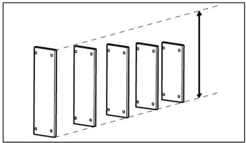 Diagram showing five rectangular panels with mounting holes, connected by a dashed line and an upward arrow (no text or symbols)