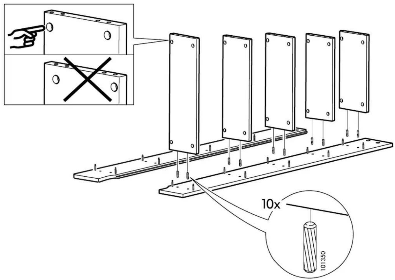 Technical diagram showing assembly of five metal plates with a 10x ratio indicator and magnified detail view