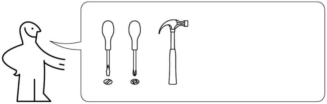 Illustration showing a person pointing to three different types of screwdriver tools: a tool, a screwdriver with holes, and a hammer.