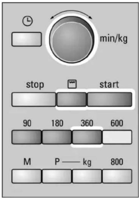 min/kg stop start 90 180 360 600 M P —— kg 800