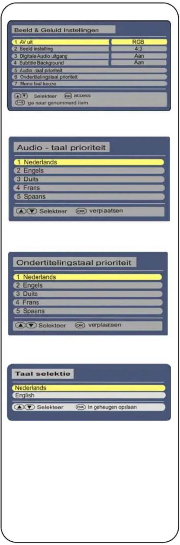 Beeld & Geluid Instellingen 1 AV uit RGB 2 Beeld instelling 4:3 3 Digitale Audio uitgang Aan 4 Subtitle Background Aan 5 Audio -taal prioriteit 6 Ondertelingstaal prioriteit 7 Menu taal keuze Audio - taal prioriteit 1 Nederlands 2 Engels 3 Duits 4 Frans 5 Spaans Ondertelingstaal prioriteit 1 Nederlands 2 Engels 3 Duits 4 Frans 5 Spaans Taal selektie Nederlands English Selekteer In geheugen opslaan