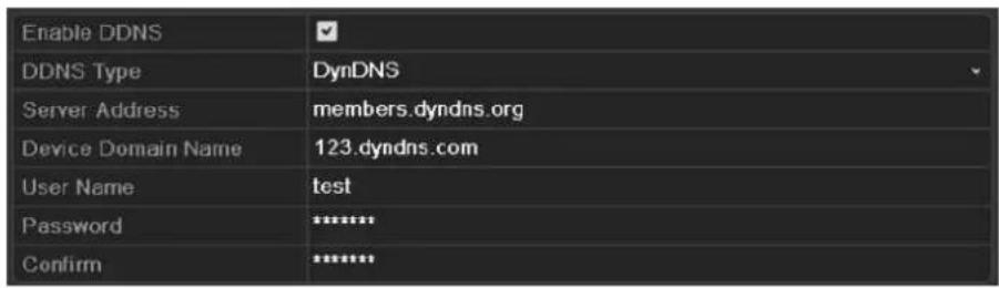Enable DDNS DDNS Type DynDNS Server Address members.dyndns.org Device Domain Name 123.dyndns.com User Name test Password ******** Confirm ********