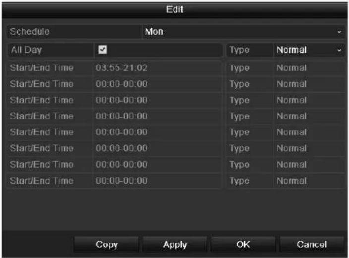 Edit Schedule Mon All Day ✓ Type Normal Start/End Time 03:55-21:02 Type Normal Start/End Time 00:00-00:00 Type Normal Start/End Time 00:00-00:00 Type Normal Start/End Time 00:00-00:00 Type Normal Start/End Time 00:00-00:00 Type Normal Start/End Time 00:00-00:00 Type Normal Start/End Time 00:00-00:00 Type Normal Copy Apply OK Cancel