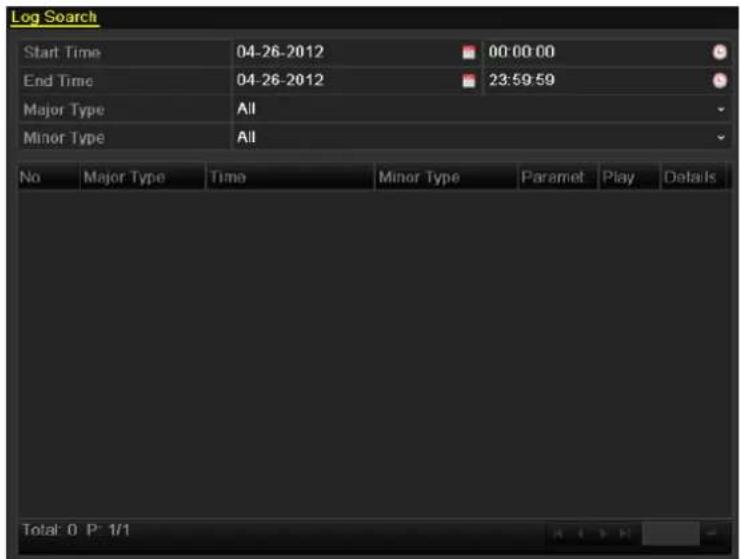 Log Search Start Time 04-26-2012 00:00:00 End Time 04-26-2012 23:59:59 Major Type All Minor Type All No Major Type Time Minor Type Paramet Play Details Total: 0 P: 1/1