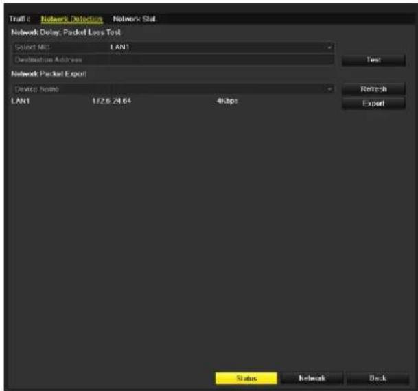 Traffic Network Detection Network Slot Network Delay, Packet Loss Test Select NIC LAN1 Destination Address Test Network Packet Export Device Name LAN1 1726.24.64 -8Mbps Refresh Export Status Network Back