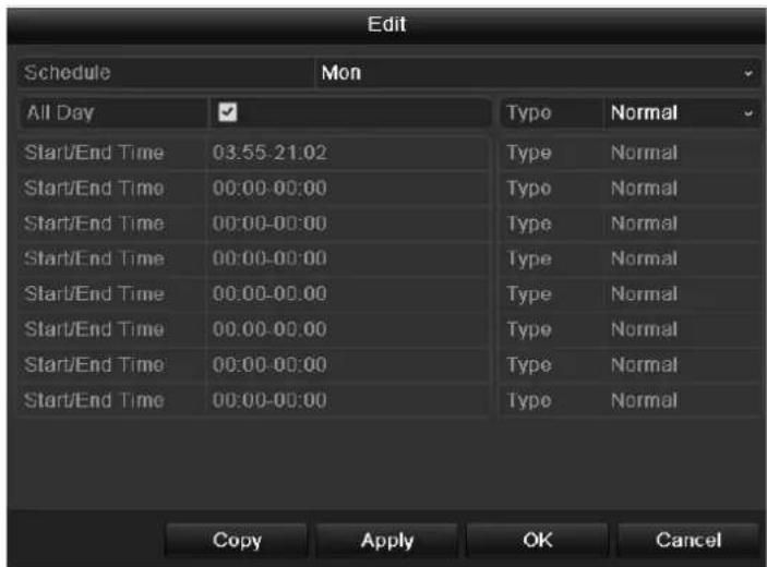 Edit Schedule Mon All Day ✓ Type Normal Start/End Time 03:55-21:02 Type Normal Start/End Time 00:00-00:00 Type Normal Start/End Time 00:00-00:00 Type Normal Start/End Time 00:00-00:00 Type Normal Start/End Time 00:00-00:00 Type Normal Start/End Time 00:00-00:00 Type Normal Start/End Time 00:00-00:00 Type Normal Copy Apply OK Cancel