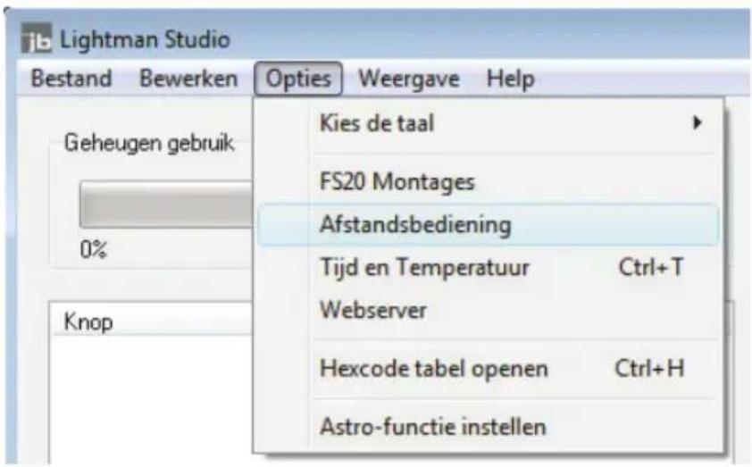 Lightman Studio Bestand Bewerken Opties Weergave Help Geheugen gebruik 0% Knop Kies de taal FS20 Montages Afstandsbediening Tijd en Temperatuur Ctrl+T Webserver Hexcode tabel openen Ctrl+H Astro-functie instellen