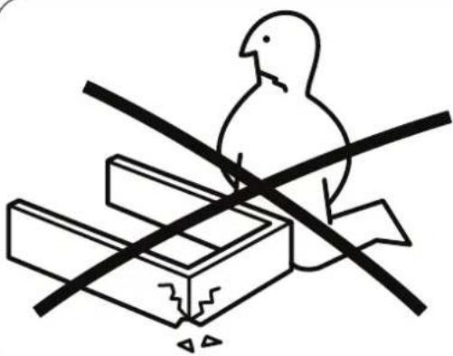 Simple line drawing of a bird perched on a box with a diagonal line crossing below (no text or symbols)