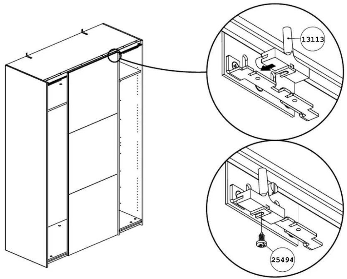 Technical diagram of a cabinet with two views showing internal components and mounting details, including part numbers 13113 and 25494.
