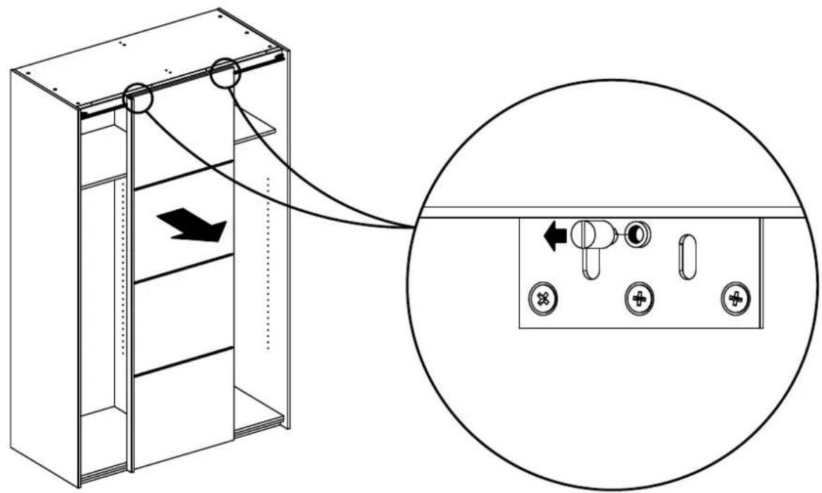 Technical diagram showing a cabinet with wiring and directional arrows, alongside an inset view of a device panel with labeled buttons.