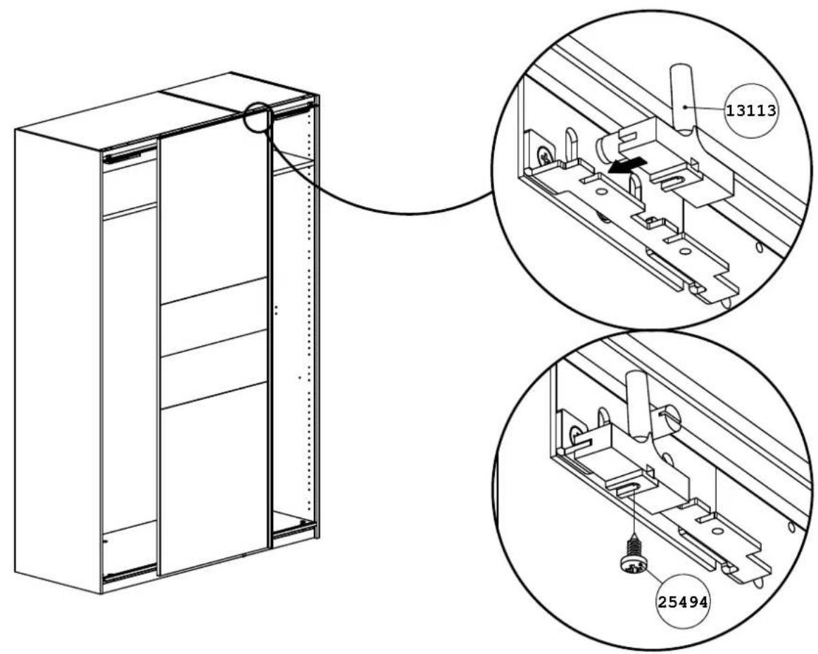 Technical diagram showing a cabinet with labeled parts and two circular insets illustrating mechanical assembly details.