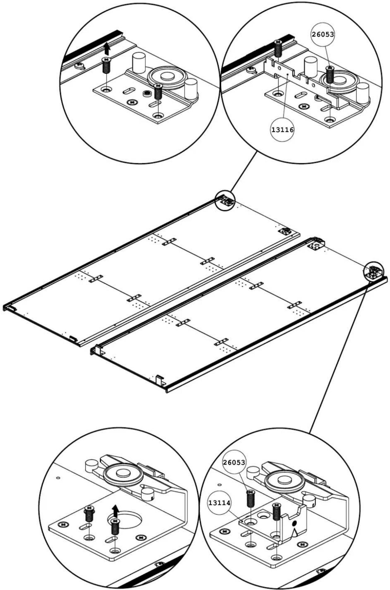 Technical diagram showing assembly of a mechanical component with multiple circular insets highlighting specific parts and mounting points.