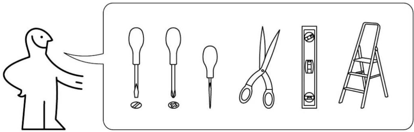 Illustration showing a person using a tool to cut or adjust a screwdriver, with five different tools including a slide, screwdriver, switch, lock, and ladder.