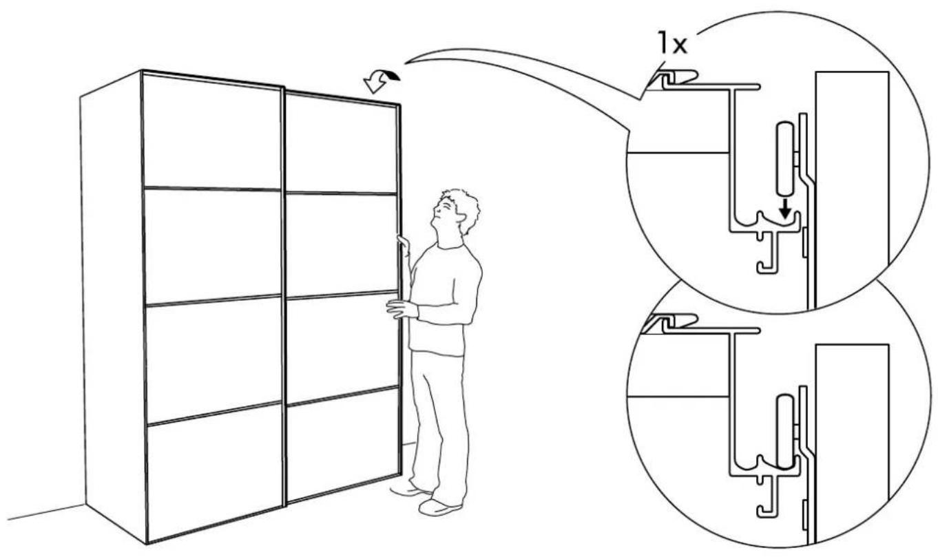 Diagram illustrating a person opening a cabinet with a magnified inset showing the 1x ratio of height to width.