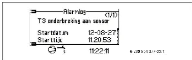Alarmlog (1/1) T3 onderbreking aan sensor Startdatum 12-08-27 Starttijd 11:20:53 11:22:11 6 720 804 377-22.11