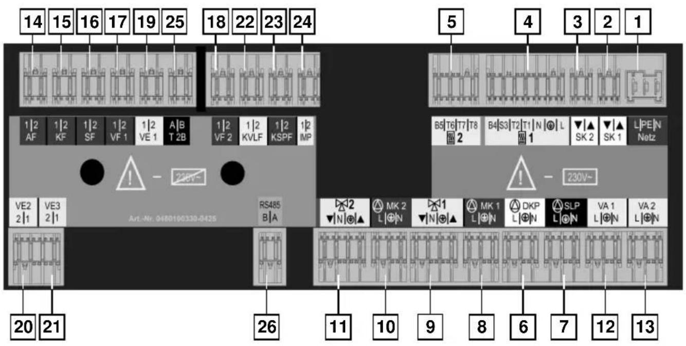 14 15 16 17 19 25 18 22 23 24 1/2 AF 1/2 KF 1/2 SF 1/2 VF 1 1/2 VE 1 A/B T 2B 1/2 VF 2 1/2 KVLF 1/2 KSPF 1/2 IMP VE2 2/1 VE3 2/1 RS485 B/A Arl.-Nr. 0480100330-0428 20 21 26 5 4 3 2 1 B5/T6/T7/T8 2 B4/S3/T2/T1/N 1 L SK 2 SK 1 L PE N Netz 230V~ 11 10 9 8 6 7 12 13