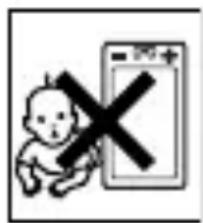 Warning symbol showing a baby next to a mobile phone with a cross symbol indicating no change or absence.