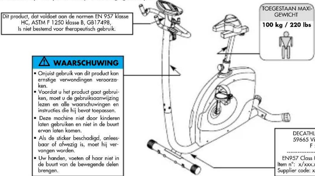 Dit product, dat voldoet aan de normen EN 957 klasse HC, ASTM F 1250 klasse B, GB17498, Is niet bestemd voor therapeutisch gebruik. TOEGESTAAN MAXI-GEWICHT 100 kg / 220 lbs ⚠️ WAARSCHUWING • Onjuist gebruik van dit product kan ernstige verwondingen veroorzaken. • Voordat u het product gaat gebruiken, moet u de gebruiksaanwijzing lezen en alle waarschuwingen en instructies die hij bevat toepassen. • Deze machine niet door kinderen laten gebruiken en niet in de buurt ervan laten komen. • Als de sticker beschadigd, onleesbaar of afwezig is, moet hij vervangen worden. • Uw handen, voeten of haar niet in de buurt van de bewegende delen brengen. DECATHIL 59665 Vil F : EN957 Class h Item n°: x/xxx.x Supplier code: xx