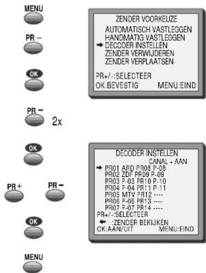 MENU PR - OK PR- 2x OK PR+ PR- OK MENU ZENDER VOORKEUZE AUTOMATISCH VASTLEGGEN HANDMATIG VASTLEGGEN → DECODER INSTELLEN ZENDER VERWIJDEREN ZENDER VERPLAATSEN PR+/-:SELECTEER OK:BEVESTIG MENU:EIND DECODER INSTELLEN CANAL + AAN → PR01 ARD PR08 P-08 PR02 ZDF PR09 P-09 PR03 P-03 PR10 P-10 PR04 P-04 PR11…