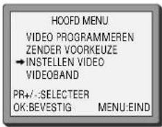 HOOFD MENU VIDEO PROGRAMMEREN ZENDER VOORKEUZE → INSTELLEN VIDEO VIDEOBAND PR+/-:SELECTEER OK:BEVESTIG MENU:EIND