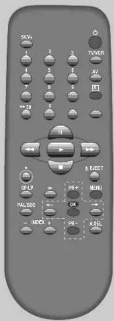 SNV+ 1 2 3 TVVCR 4 5 6 AV 7 8 9 30 0 11 EJECT SP-LP PR+ MENU PALBEC OK INDEX PR- A-SEL
