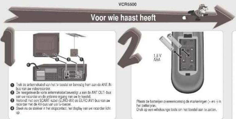 VCR5500 Voor wie haast heeft 1 2 1.5 V AM Plaats de batterijen overeenkomstig de markeringen (+ en -) in het batterijvan. Druk op een afleksourige tools om het toestel aan te zellen.