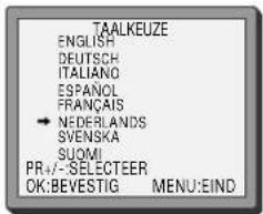 TAALKEUZE ENGLISH DEUTSCH ITALIANO ESPANOL FRANÇAIS → NEDERLANDS SVENSKA SUOMI PR+/-SELECTEER OK:BEVESTIG MENU:EIND